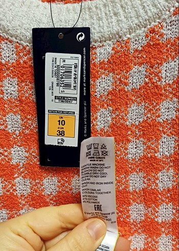 M&S Turuncu Ekoseli Kısa Kollu Triko Kadın Kazak - Görsel 2