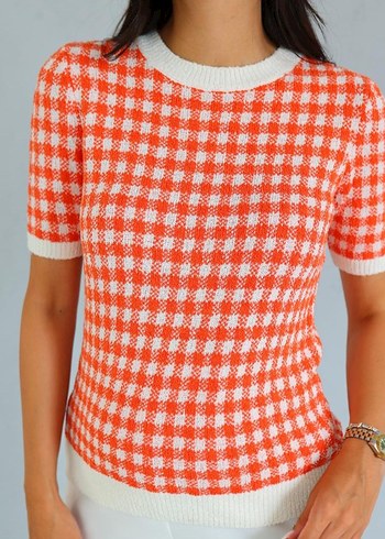 M&S Turuncu Ekoseli Kısa Kollu Triko Kadın Kazak - Görsel 6