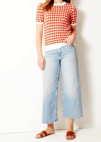 M&S Turuncu Ekoseli Kısa Kollu Triko Kadın Kazak - Görsel 4