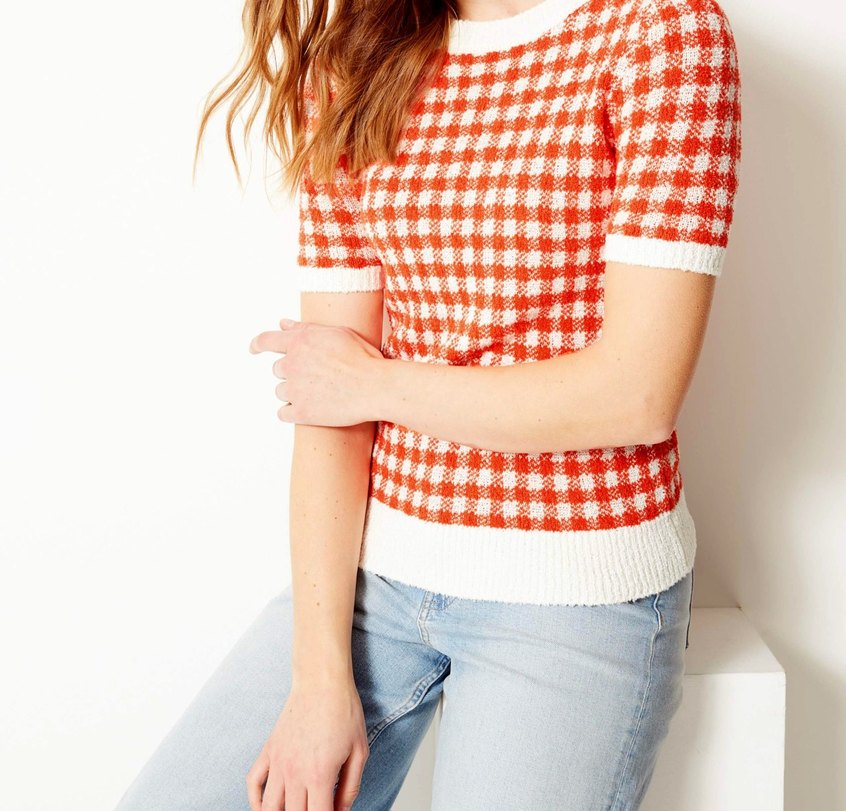 M&S Turuncu Ekoseli Kısa Kollu Triko Kadın Kazak - Görsel 5