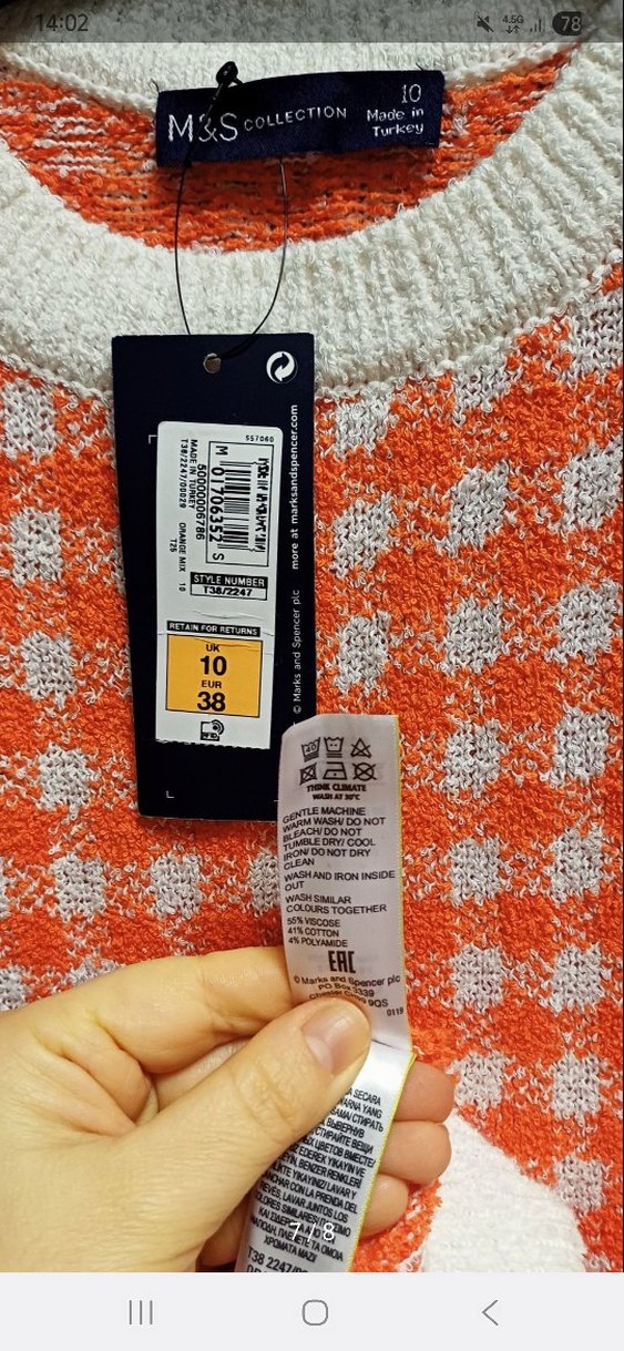 M&S Turuncu Ekoseli Kısa Kollu Triko Kadın Kazak - Görsel 2