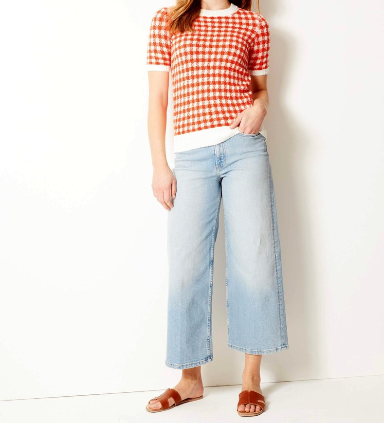 M&S Turuncu Ekoseli Kısa Kollu Triko Kadın Kazak - Görsel 4