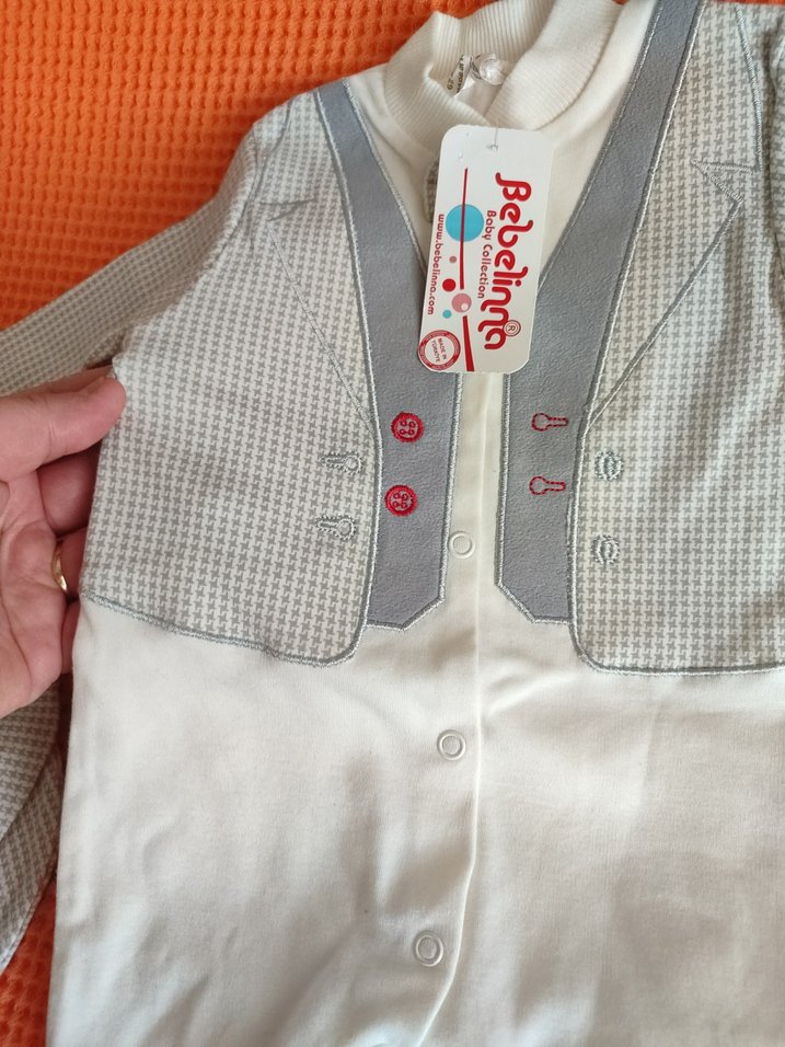 Uzun Kollu Düğmeli Bebek Tulum Gri Beyaz - Görsel 5