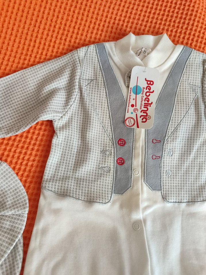 Uzun Kollu Düğmeli Bebek Tulum Gri Beyaz - Görsel 2