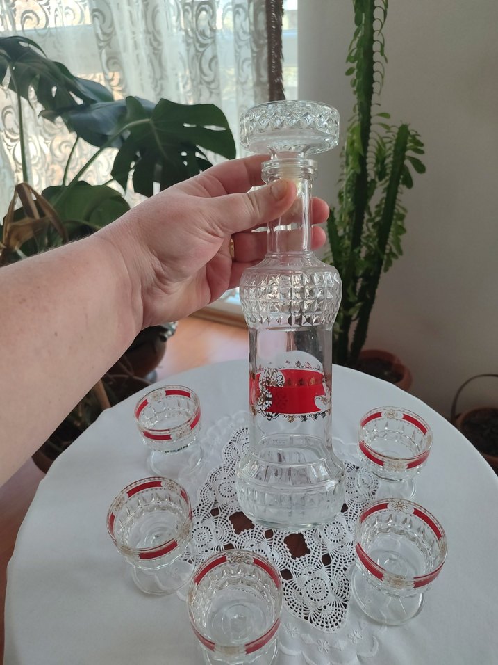 Antika Kırmızı Şeritli Kristal Viski Seti - Görsel 2