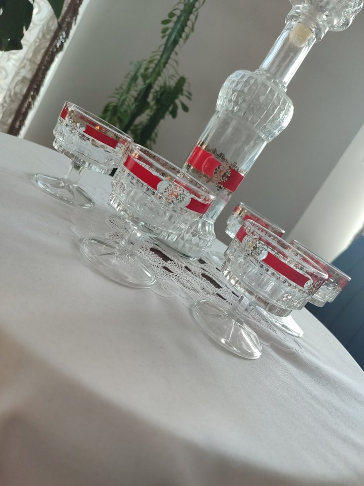 Antika Kırmızı Şeritli Kristal Viski Seti - Görsel 5