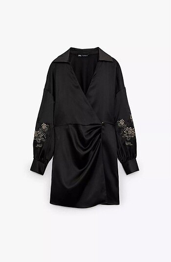 Zara işlemeli siyah saten mini elbise