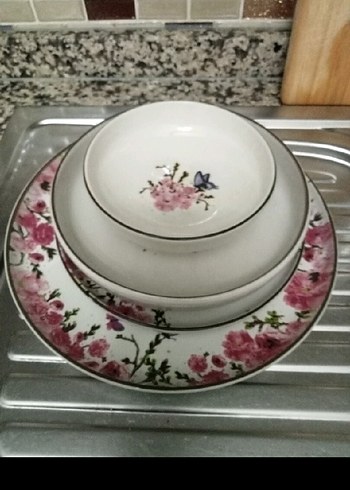 Pembe Çiçek Desenli Seramik Tabak Seti - Görsel 3