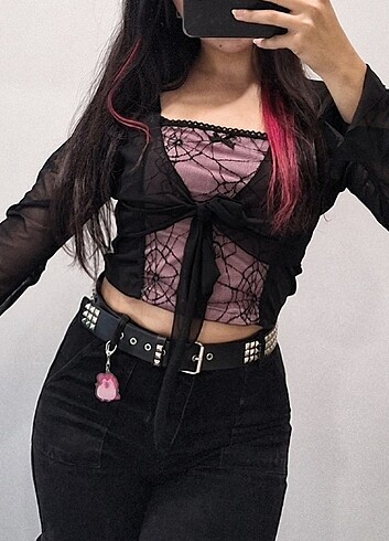 Örümcek ağı desenli pembe loli crop