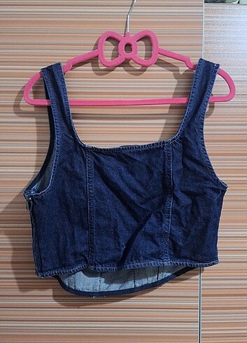 l Beden mavi Renk Askılı kot crop