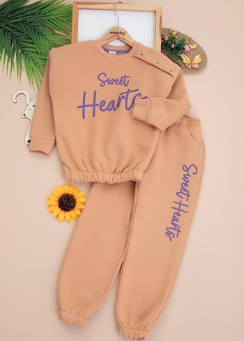 Kızlar için Bej Pamuklu Sweat Takım