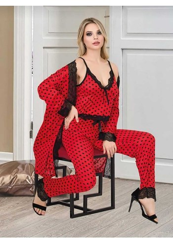 Kırmızı Puantiyeli Uzun İp Askılı Kadın Pijama Takımı