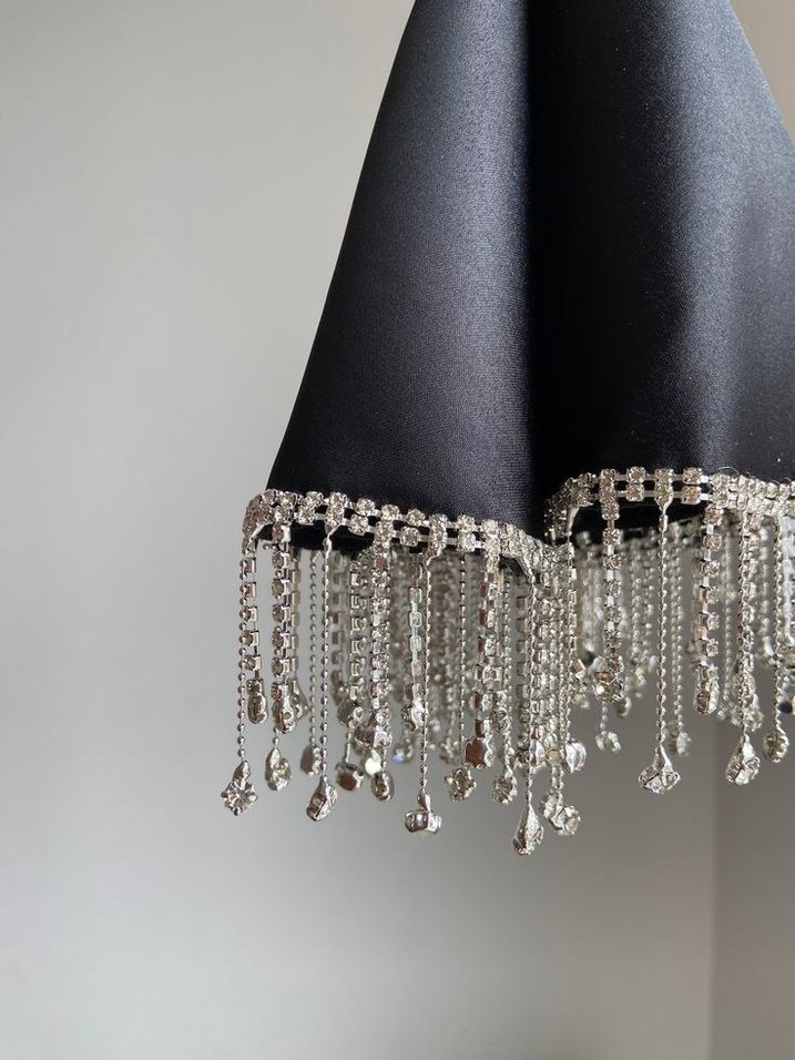 Püsküllü Parlak Siyah gelin mendili - Görsel 2