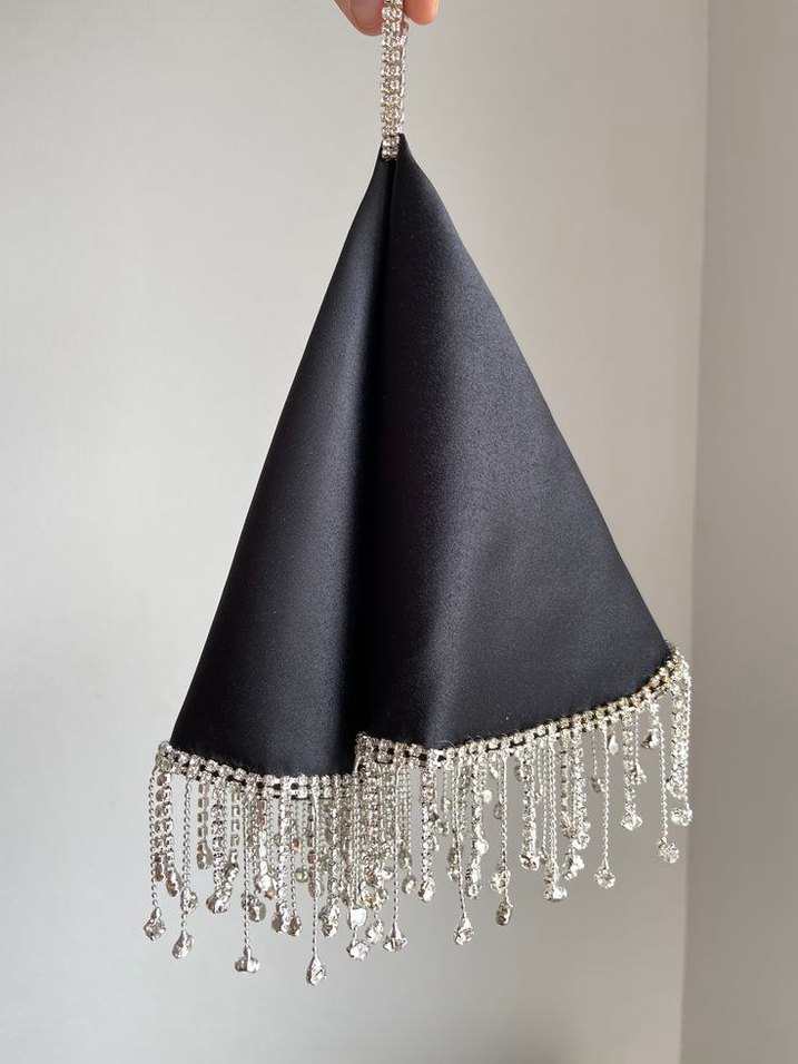 Püsküllü Parlak Siyah gelin mendili - Görsel 4