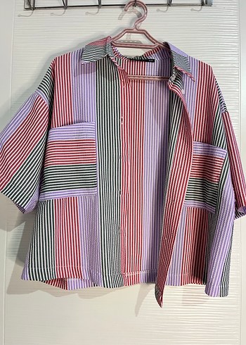 Pastel Renkli Düğmeli Kısa Kollu Kadın Gömlek - Görsel 2