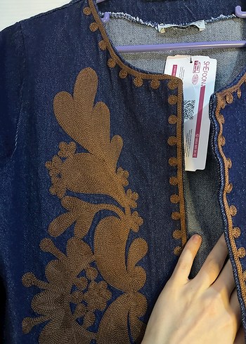 Düğmeli Nakışlı Bohem Kadın Denim Ceket - Görsel 3