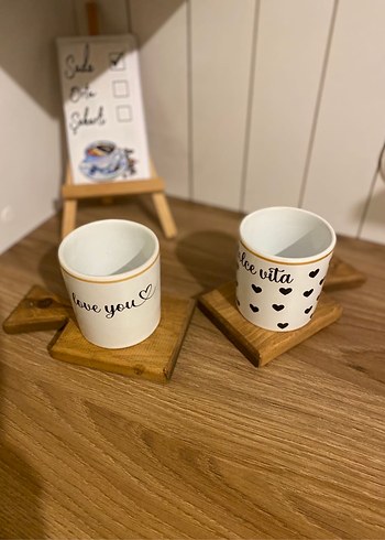 Beyaz Seramik Kalpli ve Yazılı Kupa Seti - Görsel 2