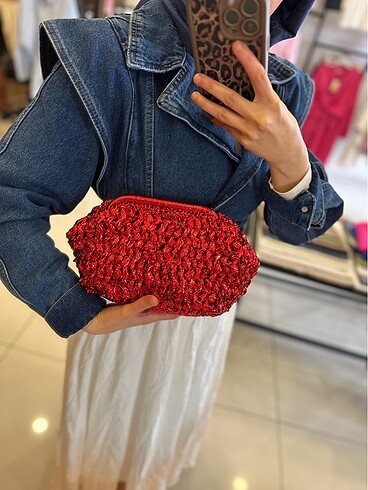 Kırmızı metalik rafya örgü çanta (handmade)