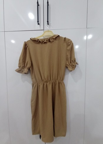 Bej Keten Midi Elbise, V Yaka, Fırfırlı - Görsel 8