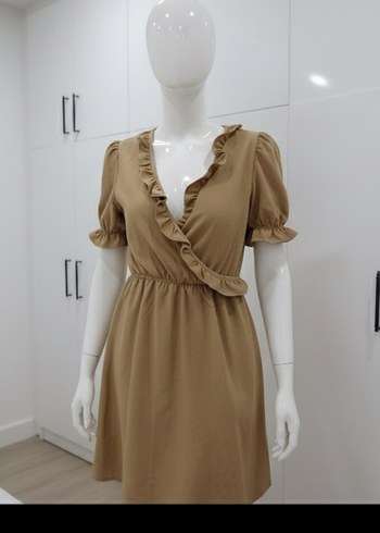 Bej Keten Midi Elbise, V Yaka, Fırfırlı - Görsel 3