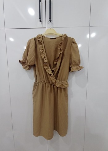 Bej Keten Midi Elbise, V Yaka, Fırfırlı - Görsel 2