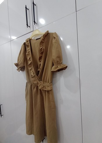 Bej Keten Midi Elbise, V Yaka, Fırfırlı - Görsel 5