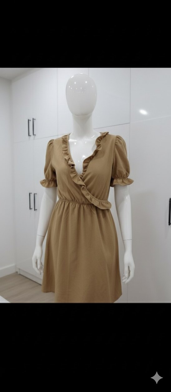 Bej Keten Midi Elbise, V Yaka, Fırfırlı - Görsel 3