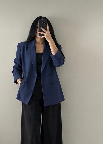 Zara Lacivert Oversize Cift Sirali Blazer Ceket