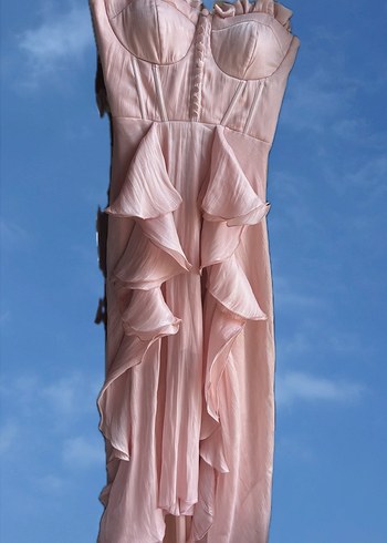 Pudra Renkli Uzun Volanlı Straplez Kadın ABİYE - Görsel 7