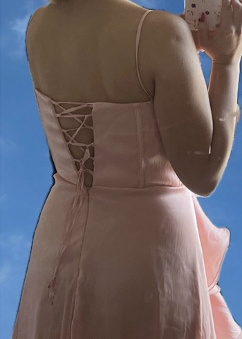 Pudra Renkli Uzun Volanlı Straplez Kadın ABİYE - Görsel 10