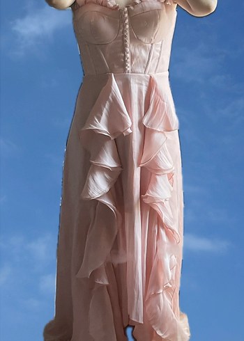 Pudra Renkli Uzun Volanlı Straplez Kadın ABİYE - Görsel 3