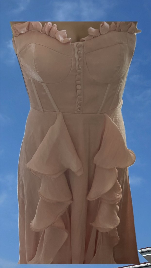 Pudra Renkli Uzun Volanlı Straplez Kadın ABİYE - Görsel 4