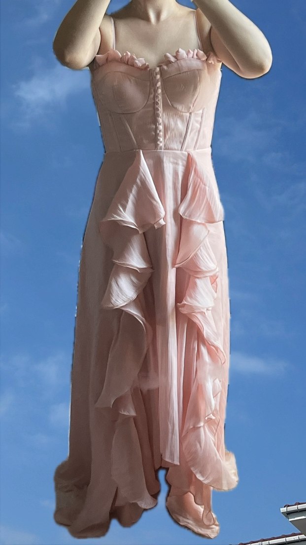 Pudra Renkli Uzun Volanlı Straplez Kadın ABİYE - Görsel 3