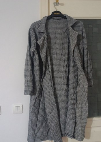 Gri Düğmeli Keten Kadın Midi Kaban - Görsel 3