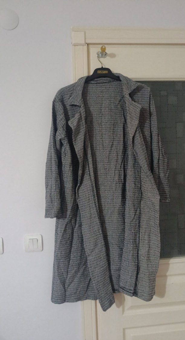 Gri Düğmeli Keten Kadın Midi Kaban - Görsel 2