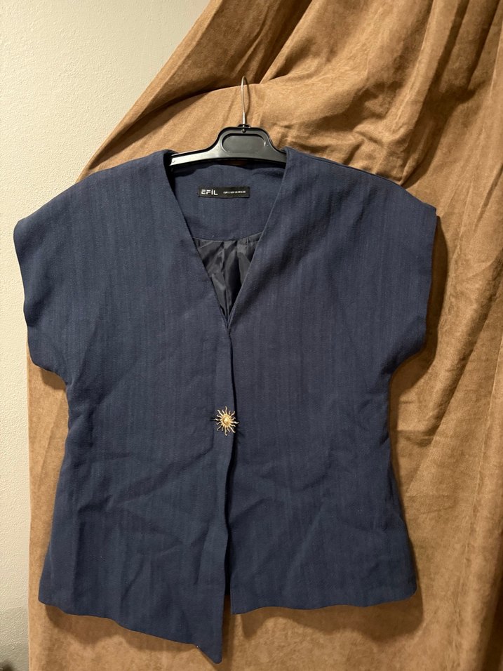 Düğmeli Keten Kadın Yelek, Lacivert - Görsel 2