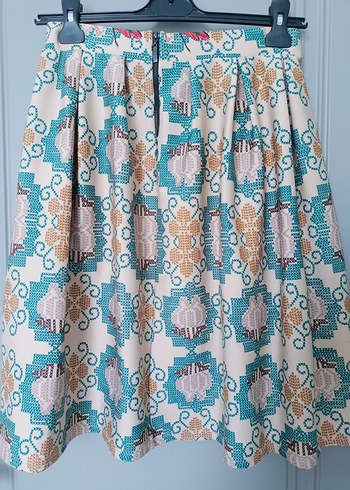 Nakışlı Turkuaz Pileli Midi Etek - Görsel 2