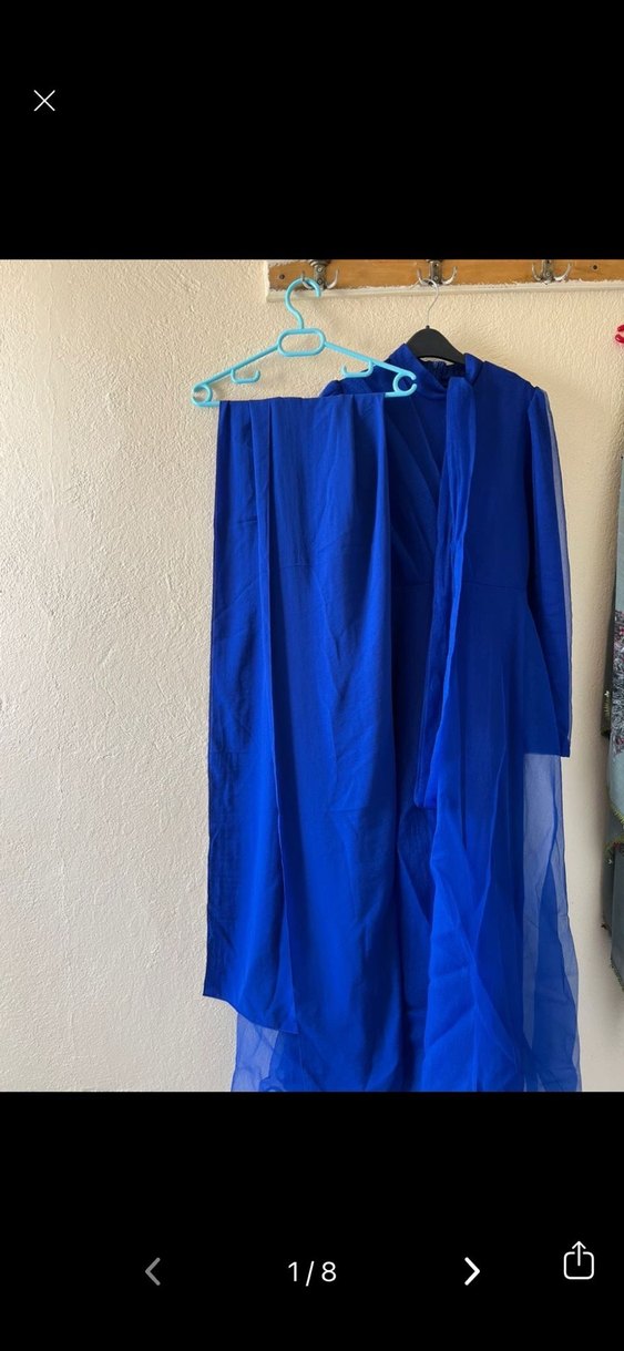 Uzun Kollu Drapeli Mavi Abiye Elbise - Görsel 4