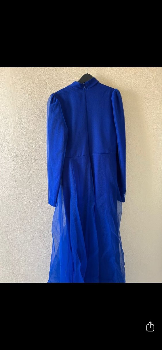 Uzun Kollu Drapeli Mavi Abiye Elbise - Görsel 2