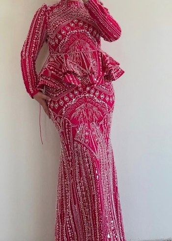Pembe Taşlı Tesettür Abiye Elbise