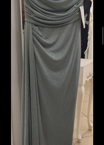 yeşil Drapeli Straplez Uzun Abiye - Görsel 3