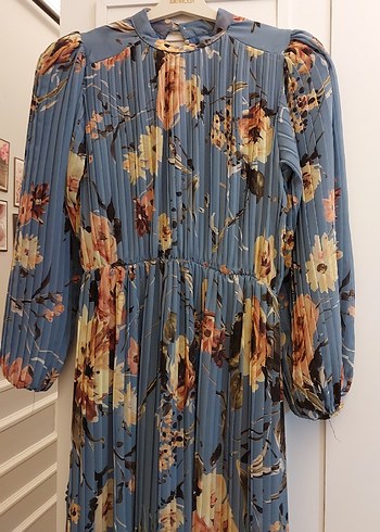 Bohem Çiçekli Uzun Kollu Plise detaylı Mavi Elbise - Görsel 3