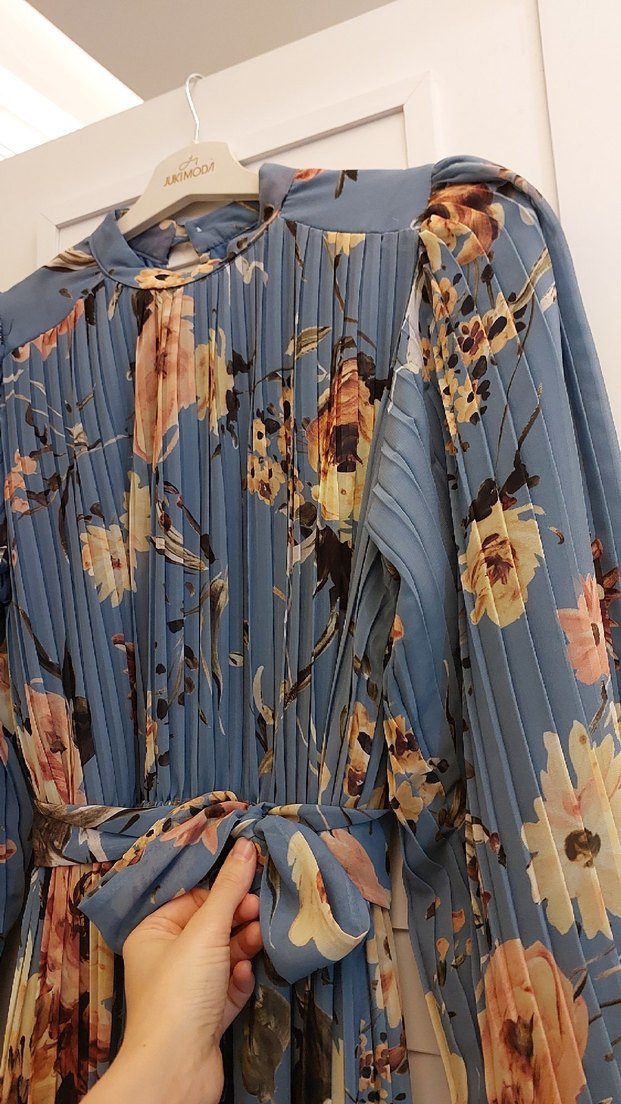 Bohem Çiçekli Uzun Kollu Plise detaylı Mavi Elbise - Görsel 2