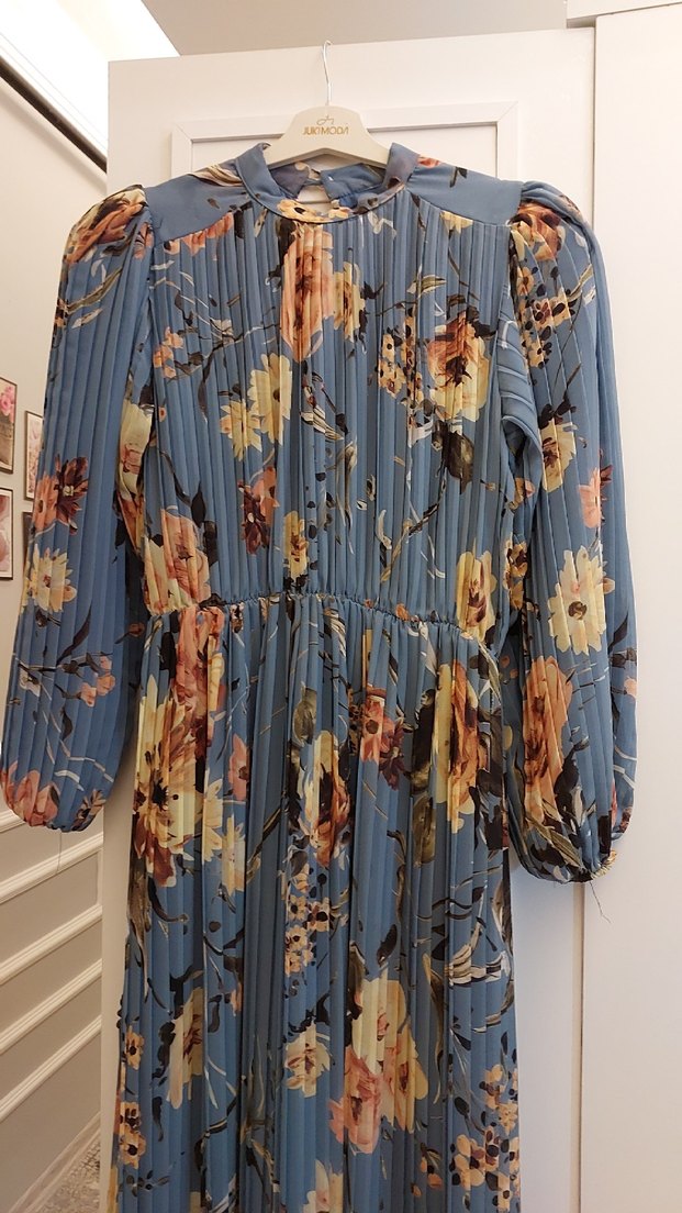 Bohem Çiçekli Uzun Kollu Plise detaylı Mavi Elbise - Görsel 3