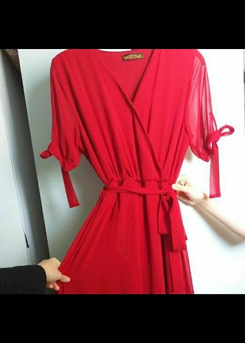 Kırmızı V Yaka Uzun Şifon Elbise - Görsel 3