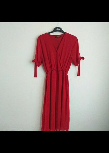 Kırmızı V Yaka Uzun Şifon Elbise - Görsel 4