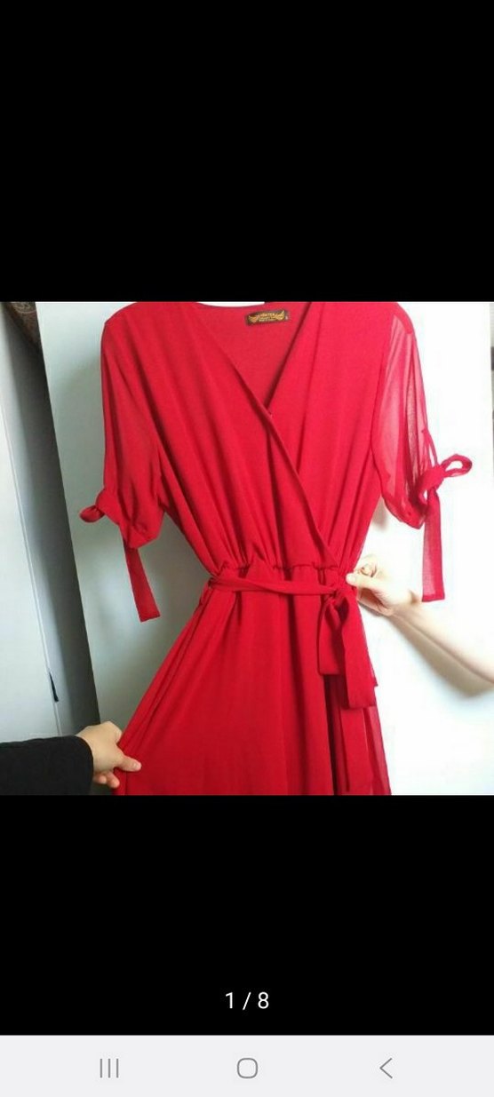 Kırmızı V Yaka Uzun Şifon Elbise - Görsel 3