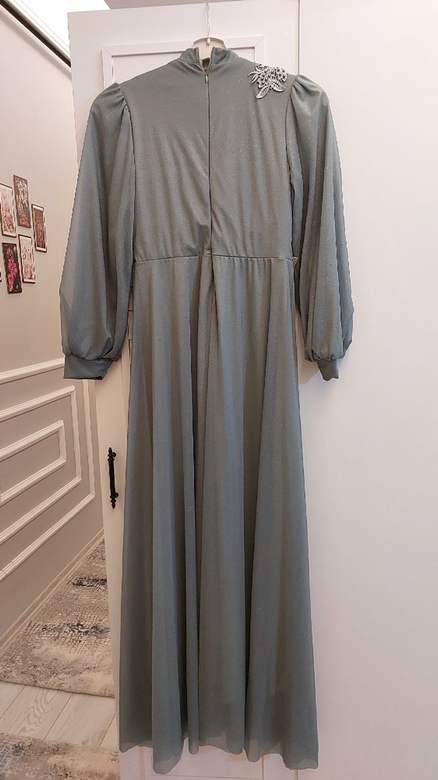 Yeşil Nakışlı Uzun Abiye Elbise - Görsel 3