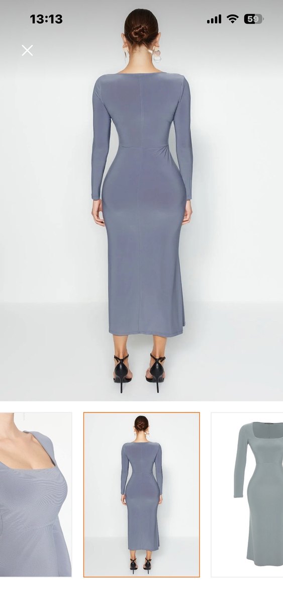 Gri Uzun Kollu Drapeli Uzun Elbise - Görsel 2