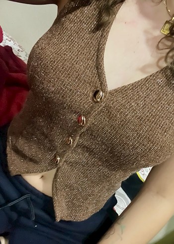 Düğmeli Kahverengi Kolsuz Triko Yelek - Görsel 3